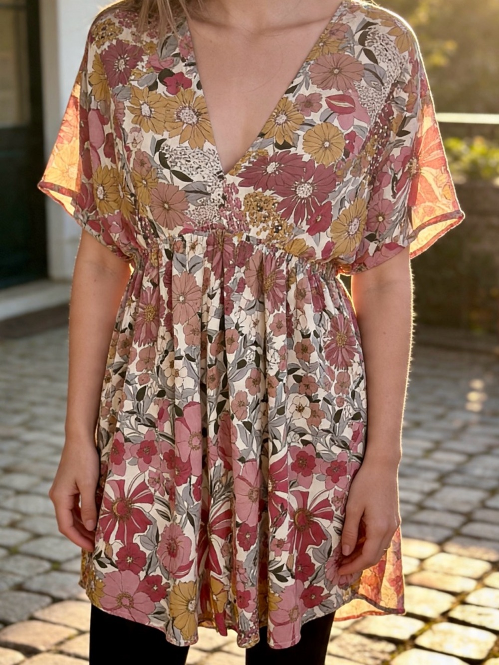 Natural Life Floral Tunic Mini Dress M Boho Babydoll Pockets Hi Low